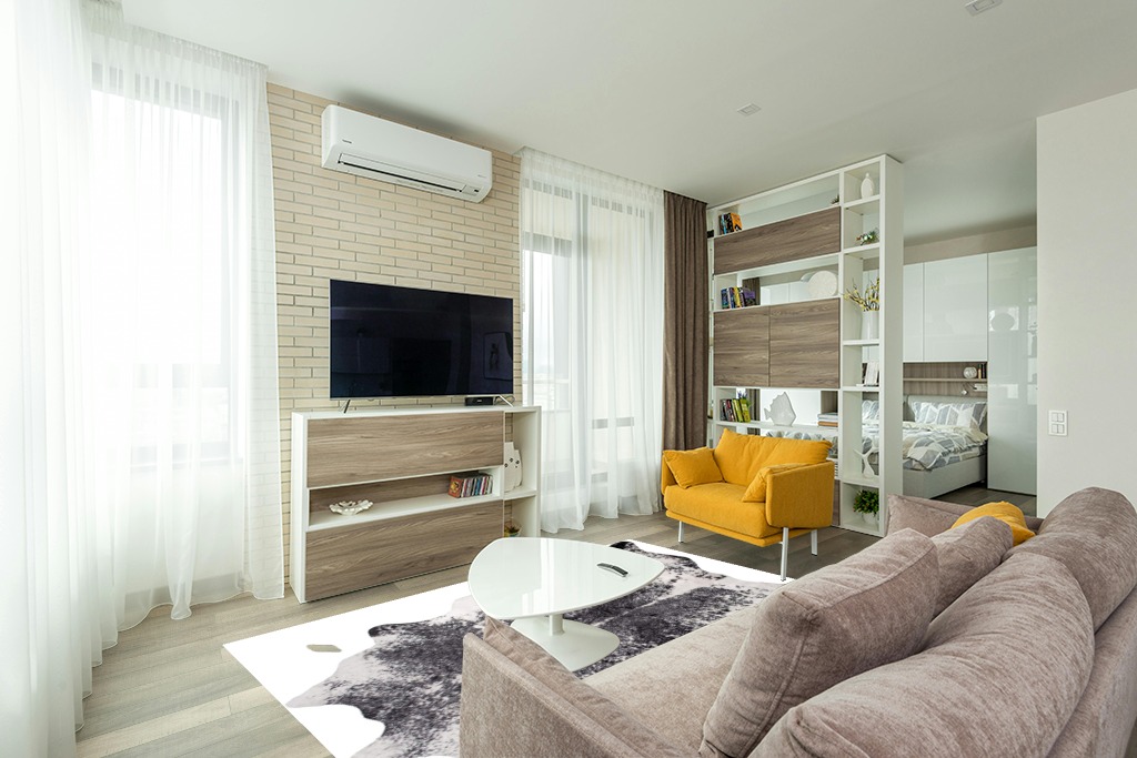 Cowhide rug living room ideas in Light Modern Living Room with TV