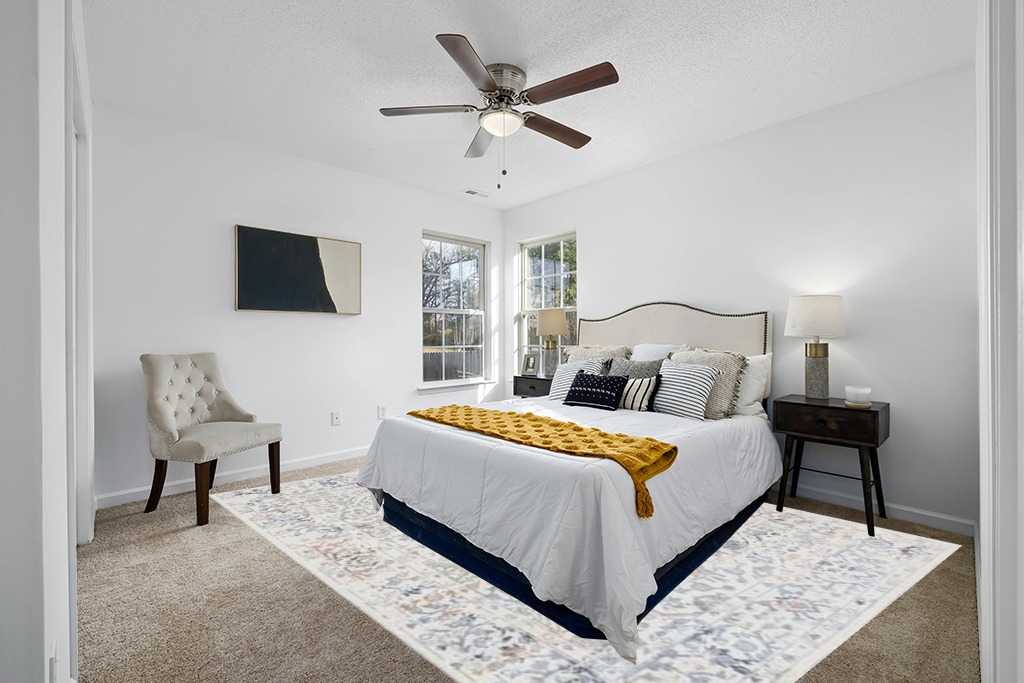 Rug over carpet ideas in White and Yellow Modern Bedroom