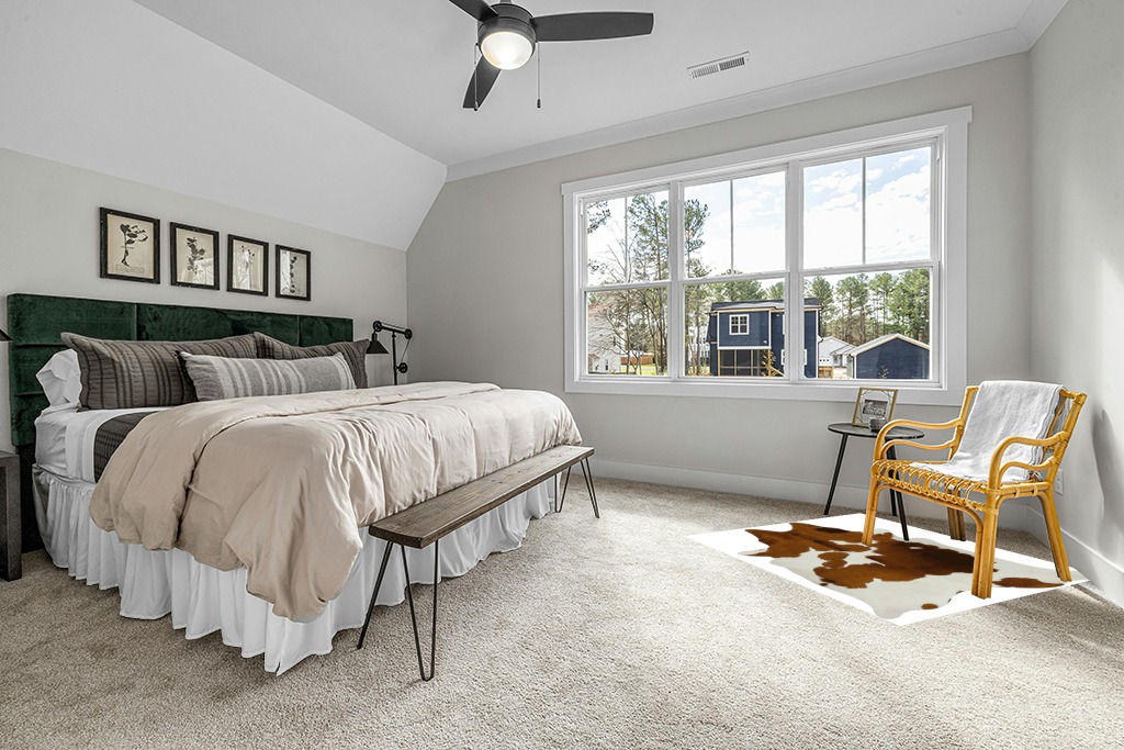 Cowhide rug in bedroom ideas in Grey Traditional Bedroom with King Bed