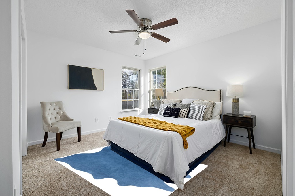 Cowhide rug in bedroom ideas in White and Yellow Modern Bedroom