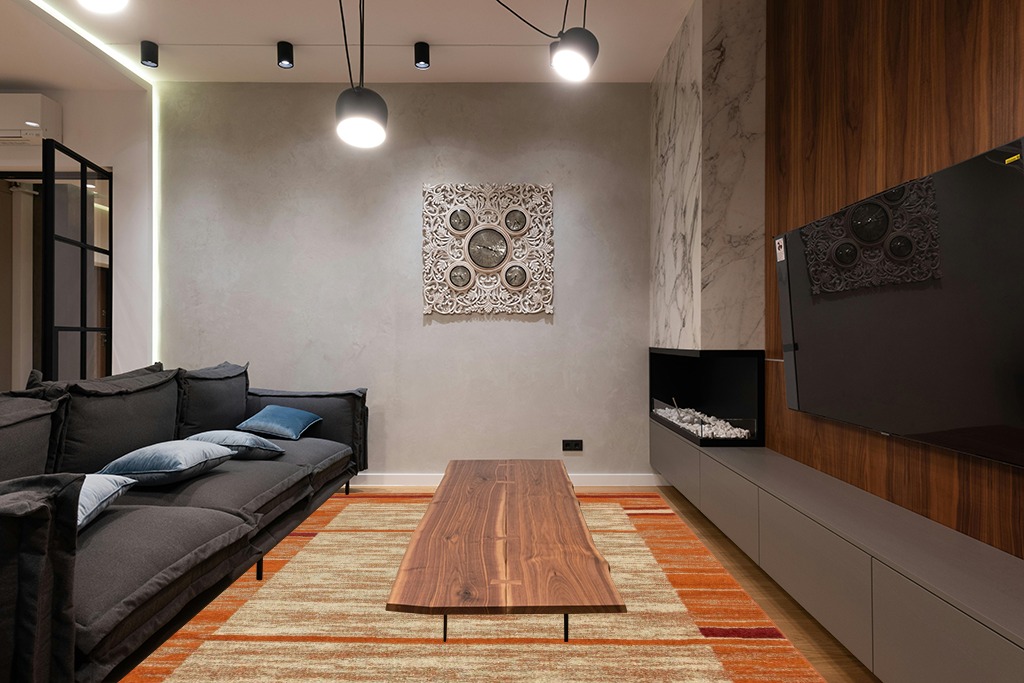 Unique Loom Autumn Foilage Area Rug - 8' x 10' Terracotta/Beige in Dark Wood Living Room with Black Couch