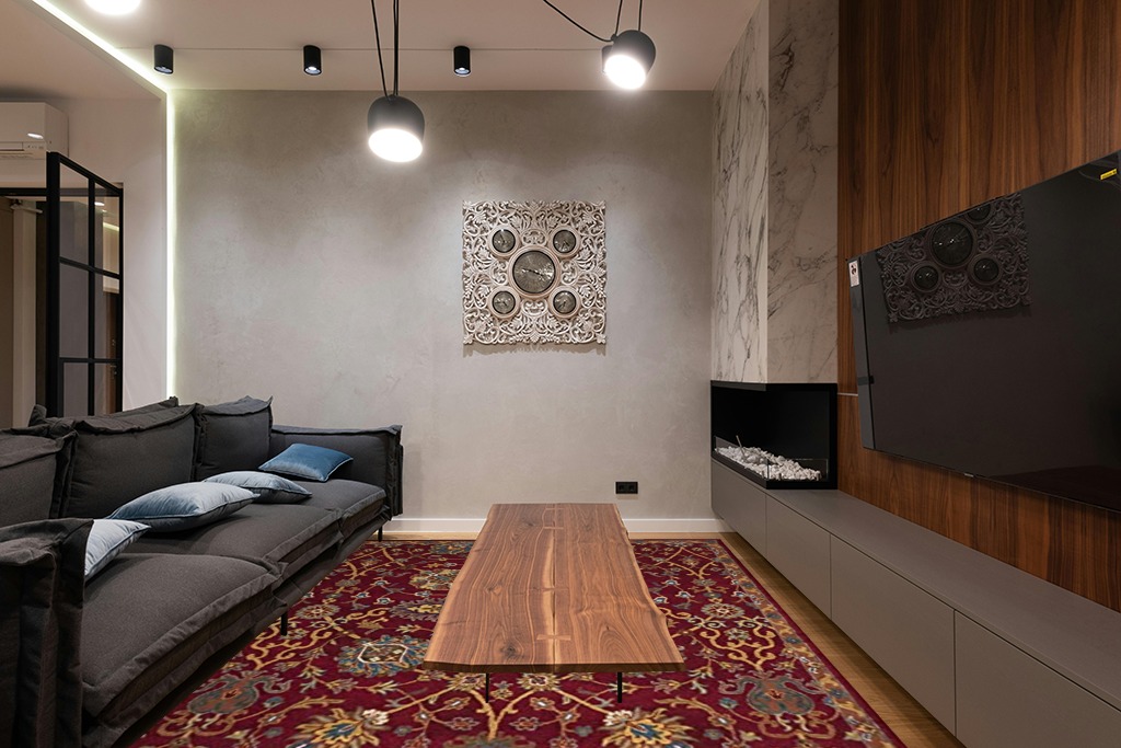 SAFAVIEH Heritage Collection Area Rug - 8' x 10', Red, Handmade Traditional Oriental Wool, Ideal for High Traffic Areas in Living Room, Bedroom (HG655A) in Dark Wood Living Room with Black Couch