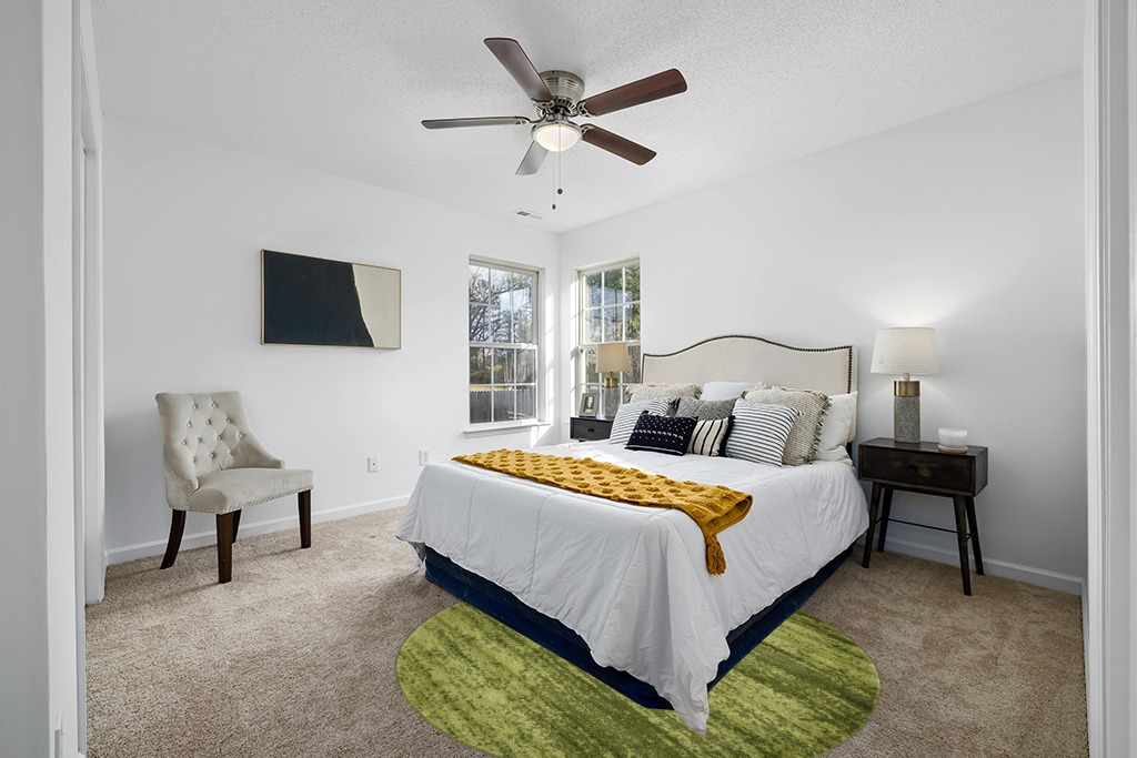 Rug over carpet ideas in White and Yellow Modern Bedroom