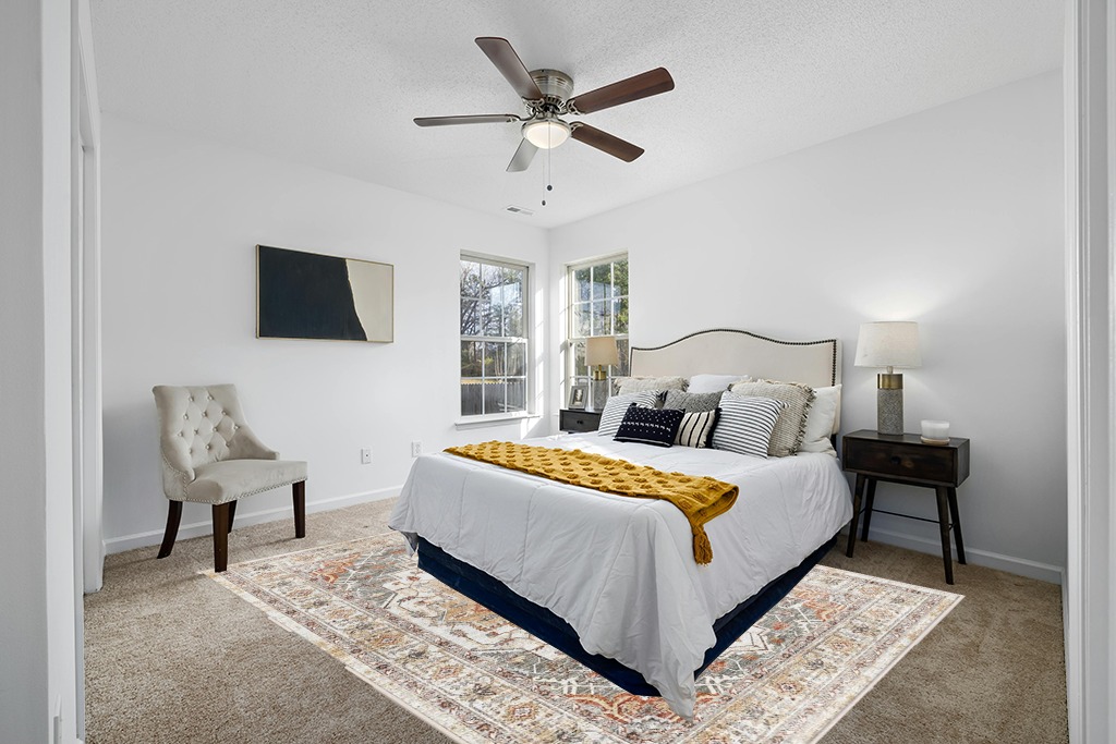 Grey room rug ideas in White and Yellow Modern Bedroom