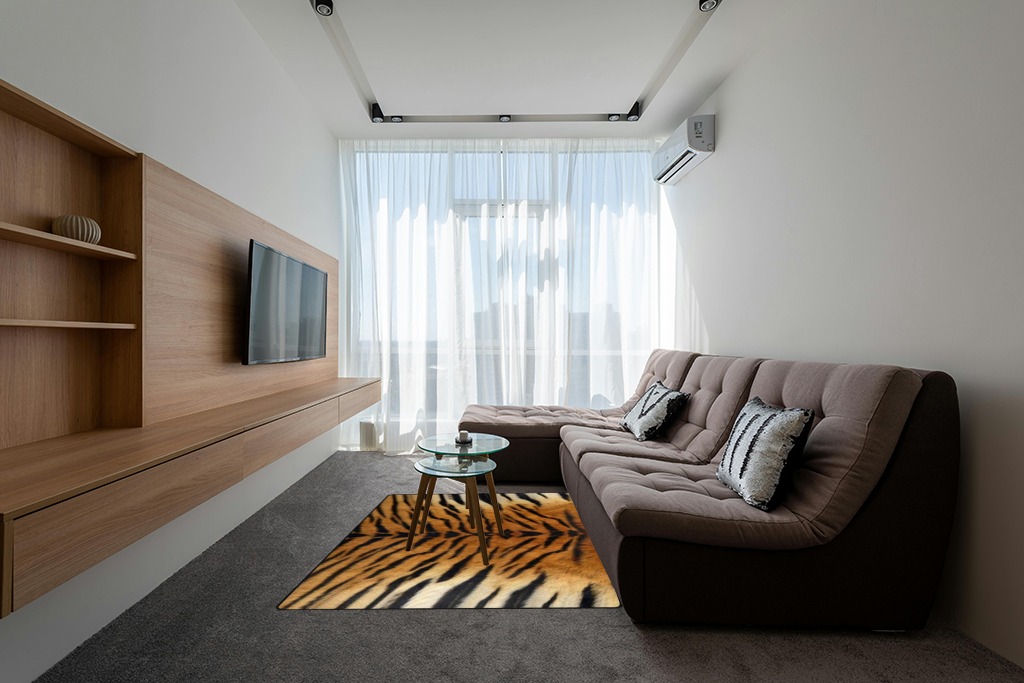 Naanle Tiger Print Area Rug 5'x7' Animal Print Polyester Area Rug Mat for Living Dining Dorm Room Bedroom Home Decorative in Grey Living Room with Brown Couch