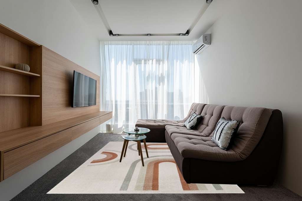Cute rug ideas in Grey Living Room with Brown Couch