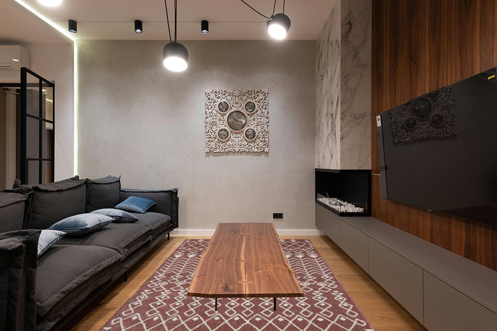 Totti Loops Terracotta/Cream 6 Feet x 9 Feet Southwestern Rug in Dark Wood Living Room with Black Couch