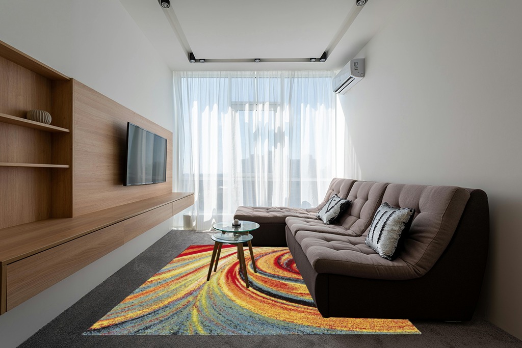 Yellow rug ideas in Grey Living Room with Brown Couch