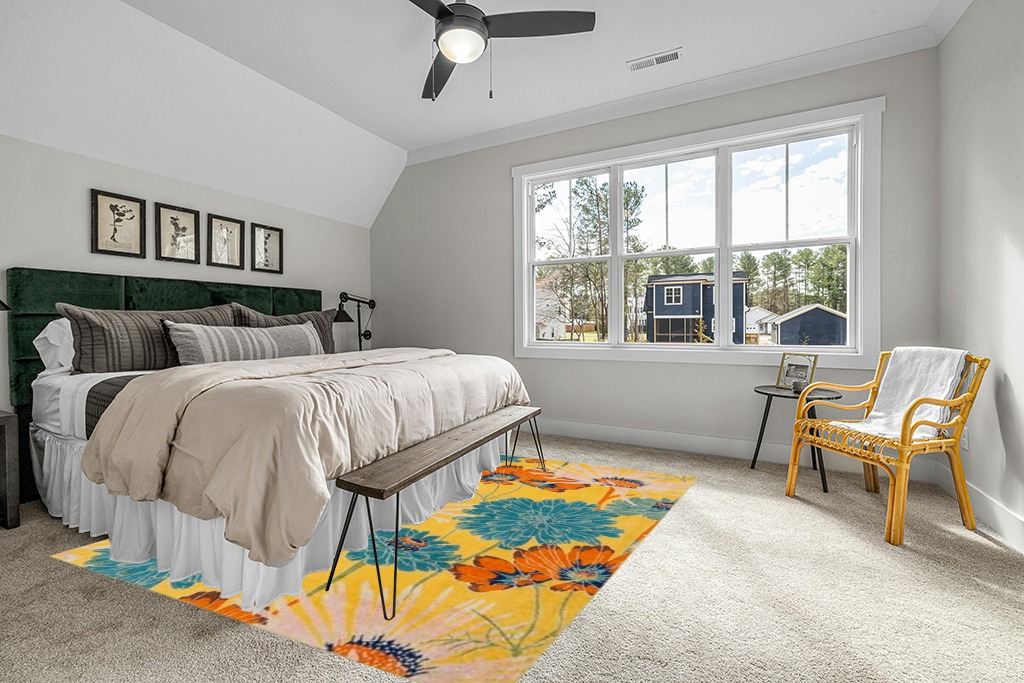 Yellow rug ideas in Grey Traditional Bedroom with King Bed