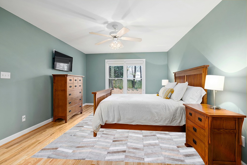 Cowhide rug in bedroom ideas in Teal and Orange Wood Bedroom