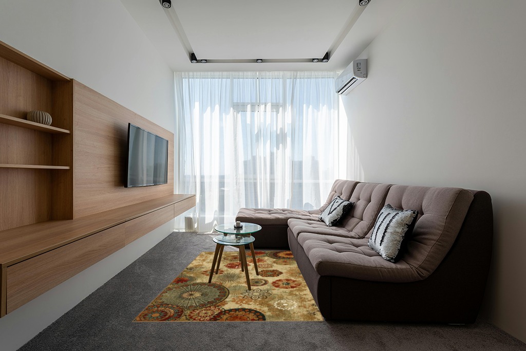 Green rug ideas in Grey Living Room with Brown Couch