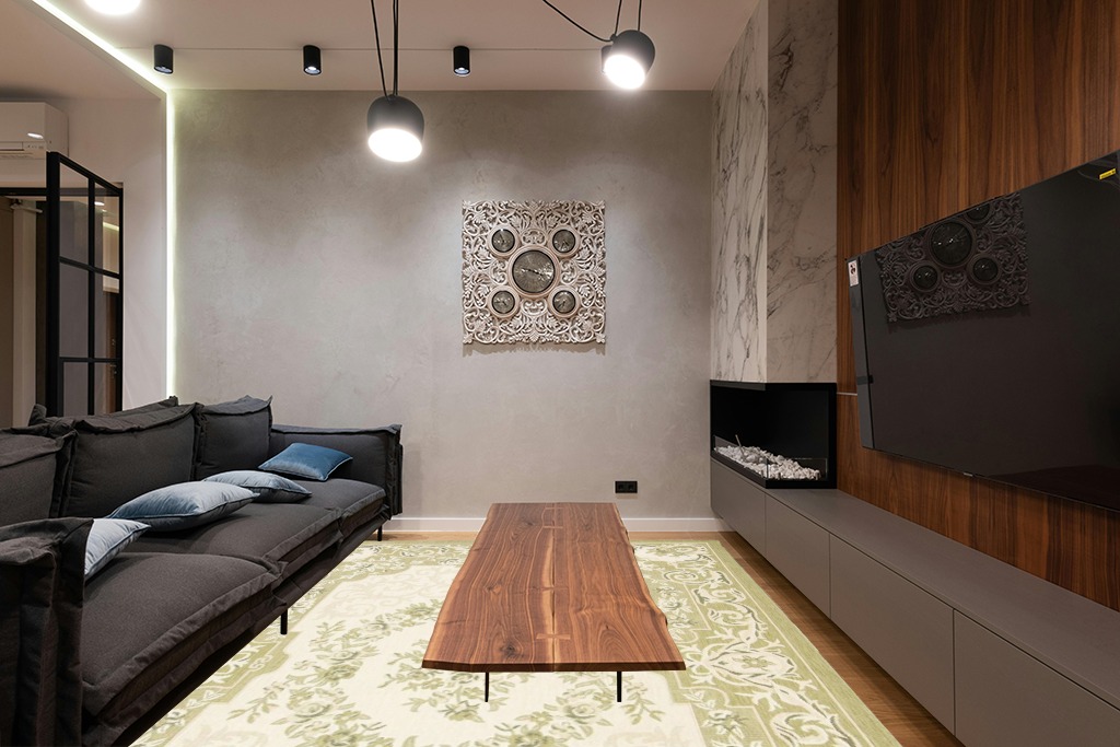 Large rug ideas in Dark Wood Living Room with Black Couch