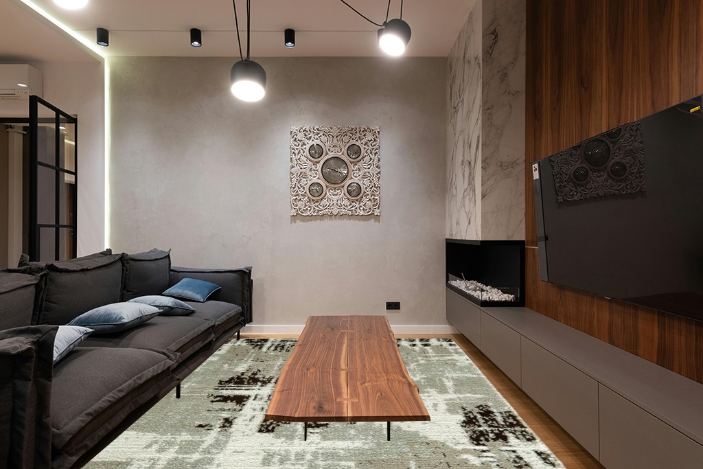 Grey room rug ideas in Dark Wood Living Room with Black Couch