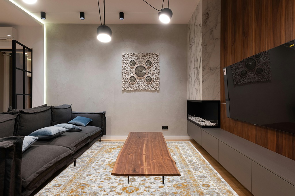 Cute rug ideas in Dark Wood Living Room with Black Couch