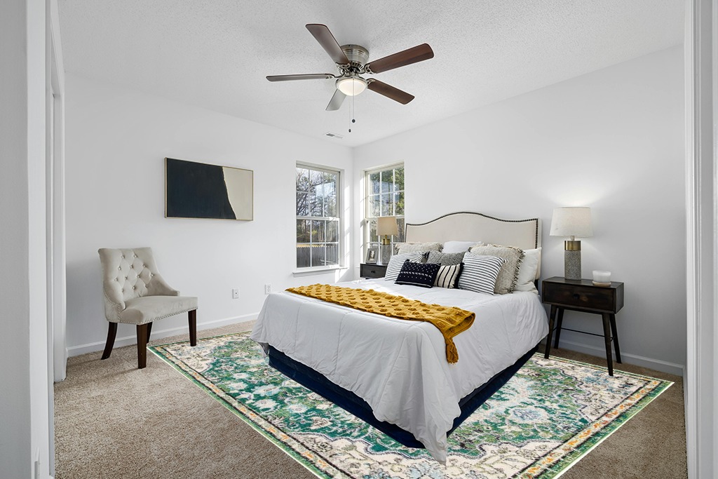 Rug over carpet ideas in White and Yellow Modern Bedroom