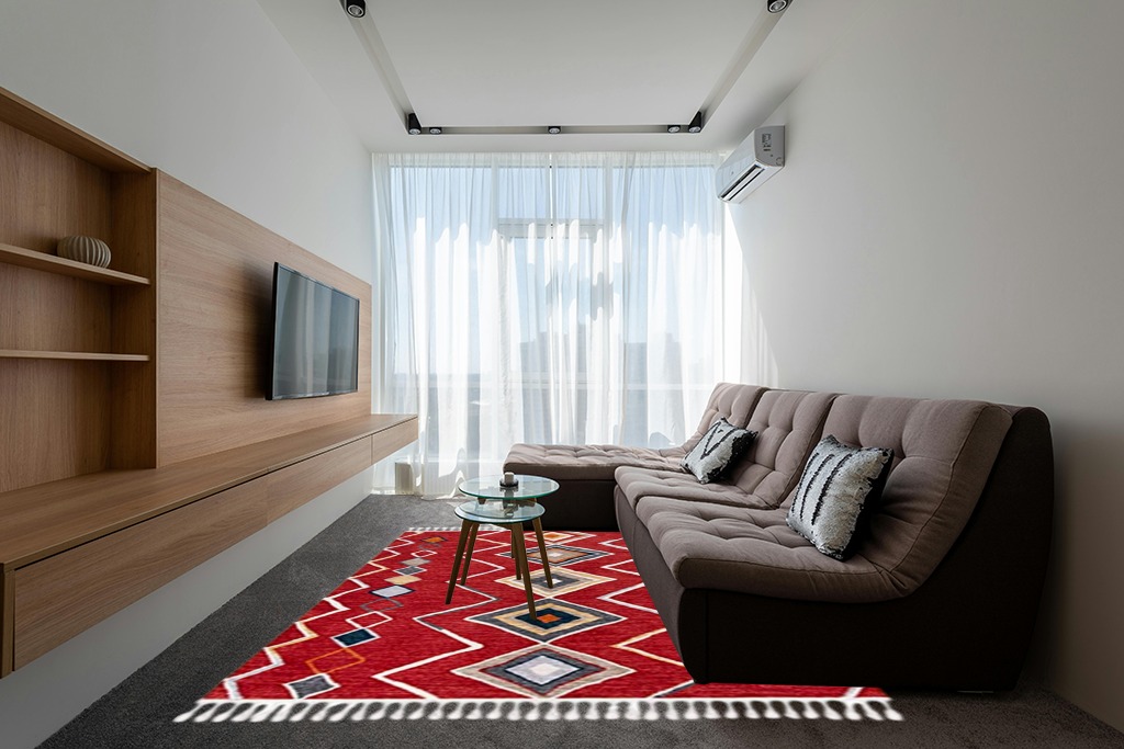 SAFAVIEH Farmhouse Collection 8' x 10' Red/Gold FMH599Q Moroccan Boho Tassel Area Rug in Grey Living Room with Brown Couch