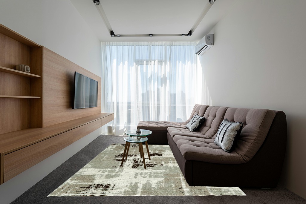 Rugs on grey carpet ideas in Grey Living Room with Brown Couch