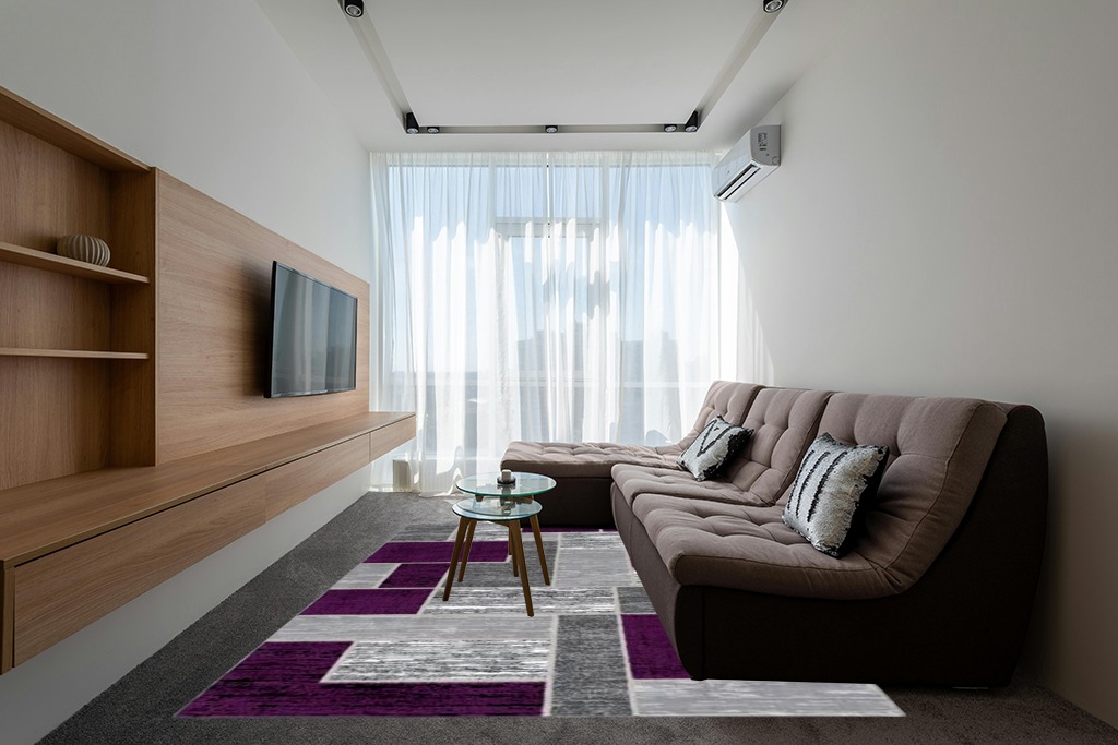 L'Baiet Verena Geometric Area Rug Purple Grey 8' x 10' Large Area Rugs Carpet for Living Room, Bedroom, Dining Table, Office, Hallway, Foyer | Neutral Colorful Modern Abstract Home Decor in Grey Living Room with Brown Couch