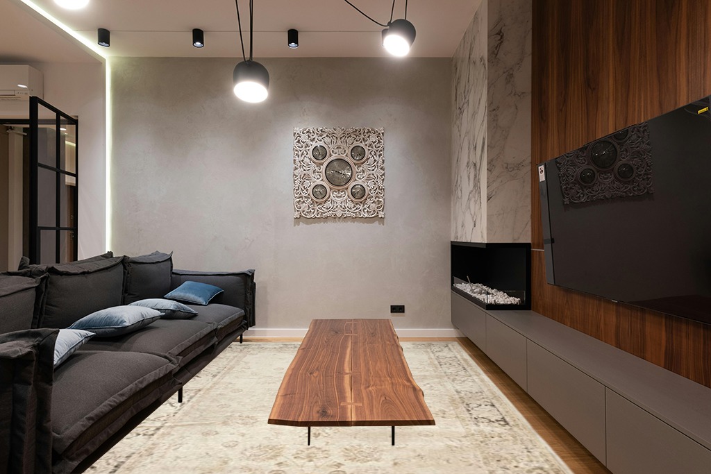 SAFAVIEH Vintage Collection Area Rug - 8' x 10', Stone, Oriental Distressed Viscose Design, Ideal for High Traffic Areas in Living Room, Bedroom (VTG117-440) in Dark Wood Living Room with Black Couch