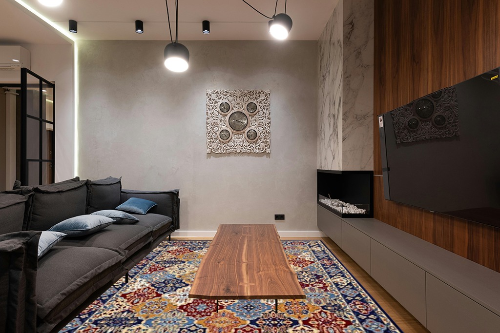 Nourison Grafix Traditional Multicolor 7'10" x 9'10" Area Rug, Easy Cleaning, Non Shedding, Bed Room, Living Room, Dining Room, Kitchen (8x10) in Dark Wood Living Room with Black Couch