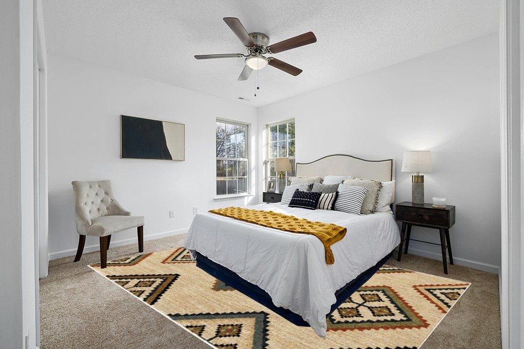 Rug over carpet ideas in White and Yellow Modern Bedroom