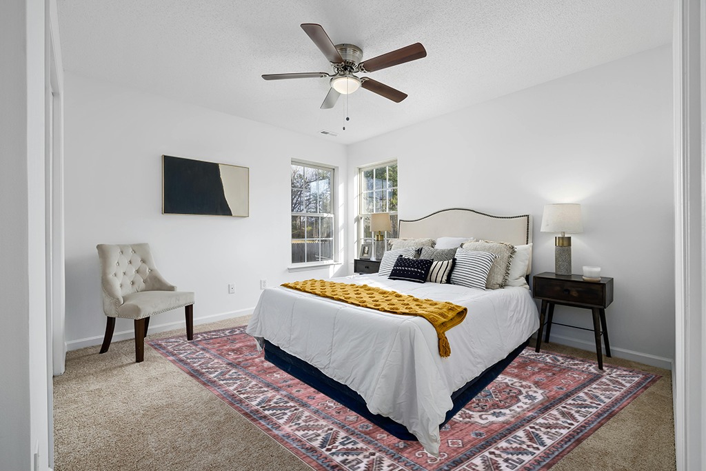 Rug over carpet ideas in White and Yellow Modern Bedroom