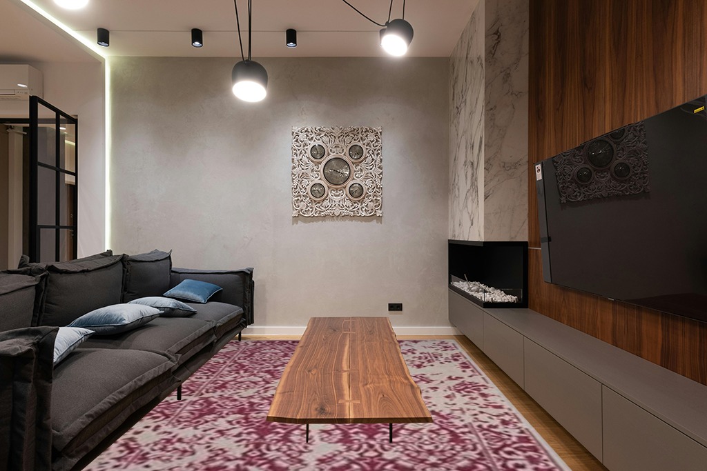 SAFAVIEH Restoration Vintage Collection Area Rug - 8' x 10', Silver & Purple, Handmade Distressed Wool, Ideal for High Traffic Areas in Living Room, Bedroom (RVT103J) in Dark Wood Living Room with Black Couch