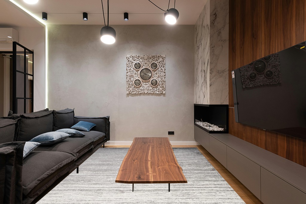 Dark grey couch rug ideas in Dark Wood Living Room with Black Couch