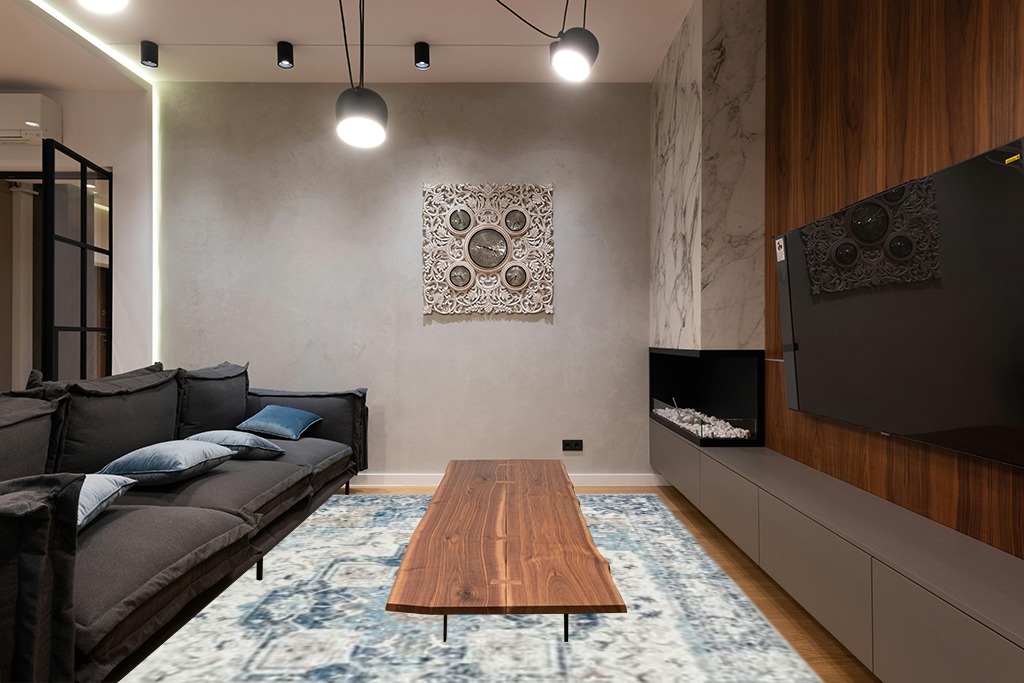Large rug ideas in Dark Wood Living Room with Black Couch