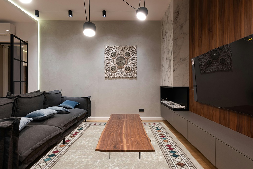 Antep Rugs Alfombras Modern Bordered 8x10 Non-Skid (Non-Slip) Low Profile Pile Rubber Backing Indoor Area Rugs (Beige, 7'10" x 10') in Dark Wood Living Room with Black Couch