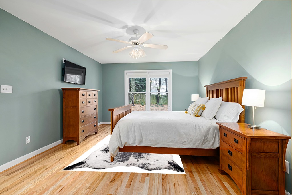 Cowhide rug in bedroom ideas in Teal and Orange Wood Bedroom
