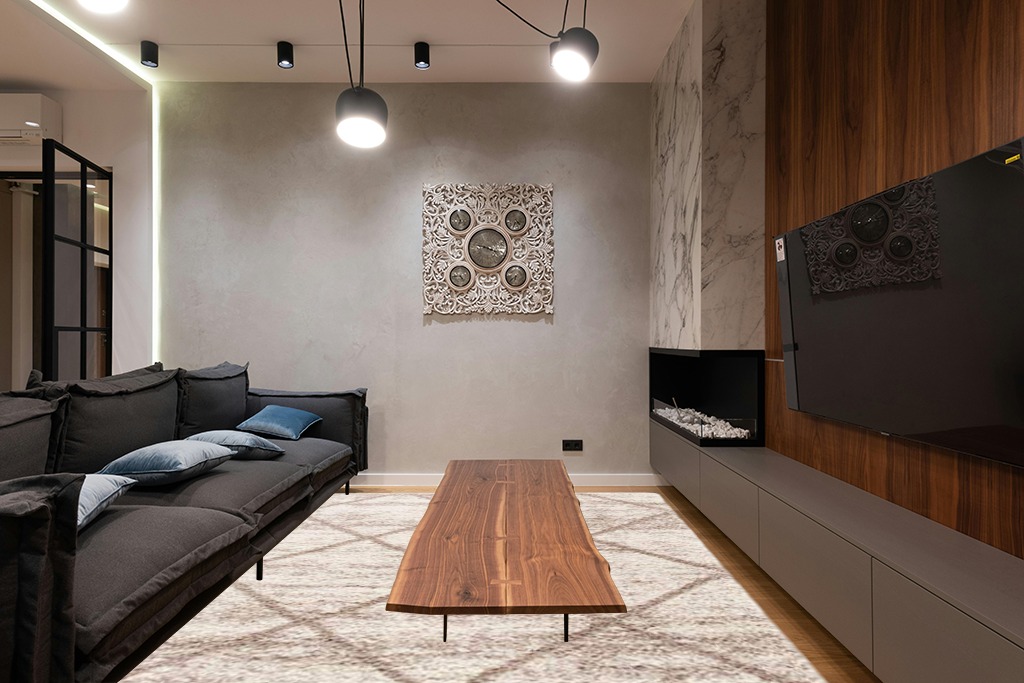 SAFAVIEH Hudson Shag Collection Area Rug - 8' x 10', Multi Ivory & Beige, Modern Trellis Design, Non-Shedding & Easy Care, 2-inch Thick Ideal for High Traffic Areas in Living Room, Bedroom (SGH281H) in Dark Wood Living Room with Black Couch