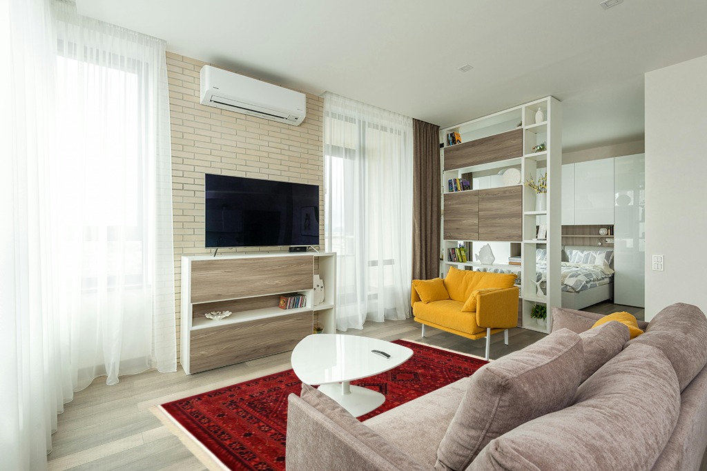 Unique Loom Tekke Collection Area Rug - Sheibani (5' 3" x 8' Rectangle, Red/ Black) in Light Modern Living Room with TV