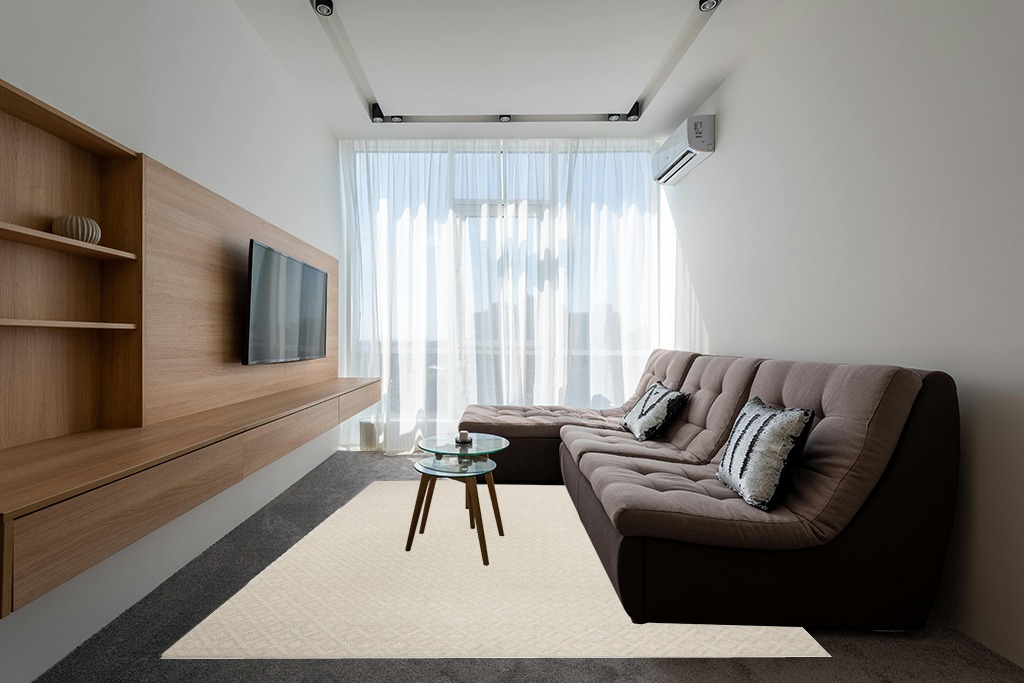 Cute rug ideas in Grey Living Room with Brown Couch