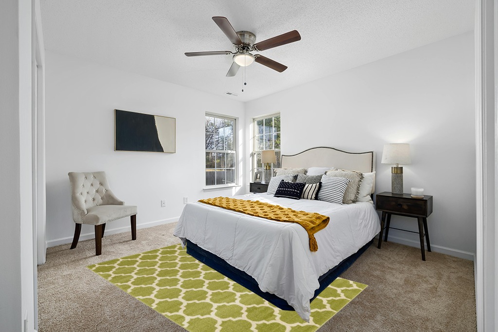 Green rug ideas in White and Yellow Modern Bedroom