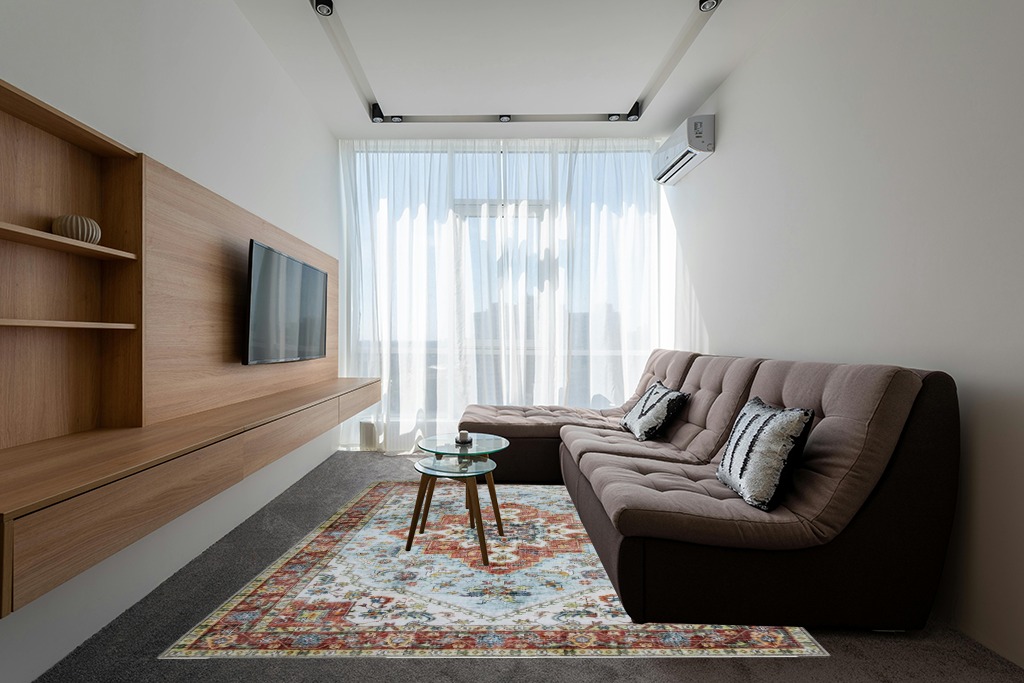 Farmhouse rug ideas in Grey Living Room with Brown Couch