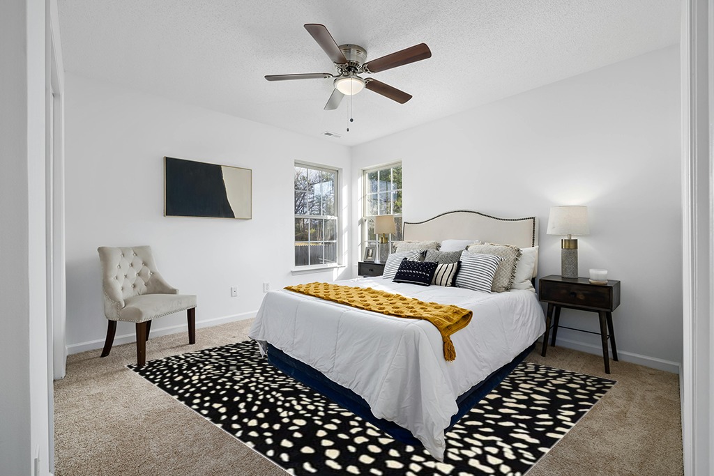 Rug over carpet ideas in White and Yellow Modern Bedroom