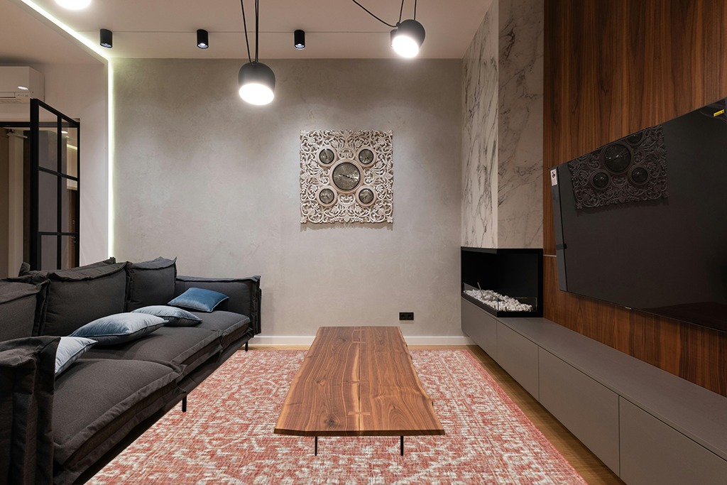 JONATHAN Y SMB104A-8 Malta Bohemian Medallion Textured Weave Indoor Outdoor Area r.u.g, Coastal, Traditional, Transitional Easy, Bedroom,Kitchen,Backyard,Patio,Non Shedding, Red/Taupe, 8 X 10 in Dark Wood Living Room with Black Couch