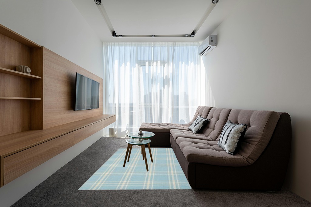 Yellow rug ideas in Grey Living Room with Brown Couch