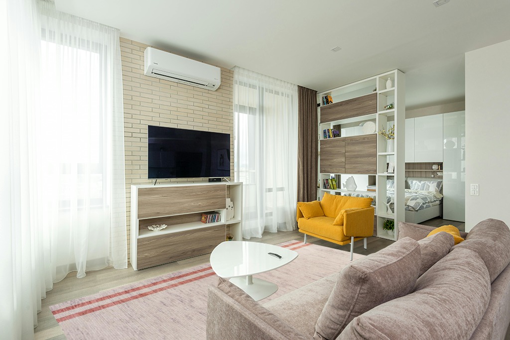 Cute rug ideas in Light Modern Living Room with TV