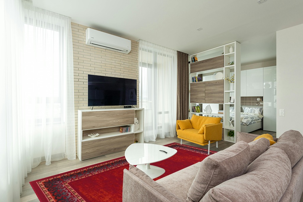 Antep Rugs Alfombras Bordered Modern 8x10 Non-Slip (Non-Skid) Low Pile Rubber Backing Indoor Area Rug (Maroon Red, 7'10" x 10') in Light Modern Living Room with TV