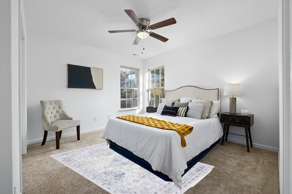 Blue rug ideas in White and Yellow Modern Bedroom