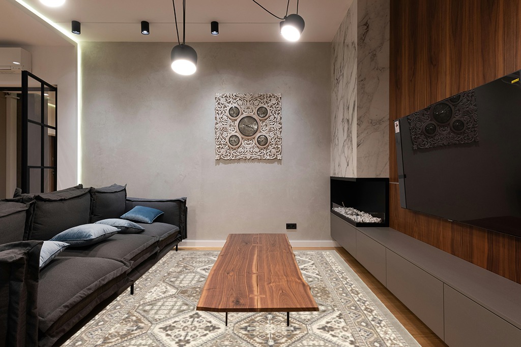 nuLOOM Becca Traditional Tiled Area Rug, 8x10, Grey in Dark Wood Living Room with Black Couch