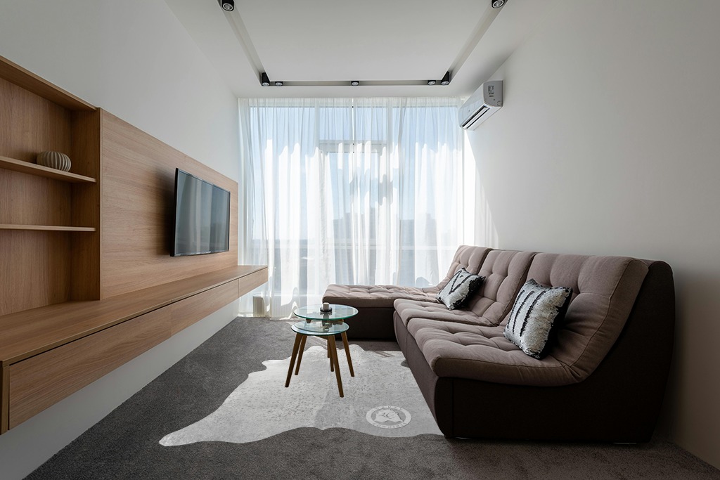 Rugs on grey carpet ideas in Grey Living Room with Brown Couch