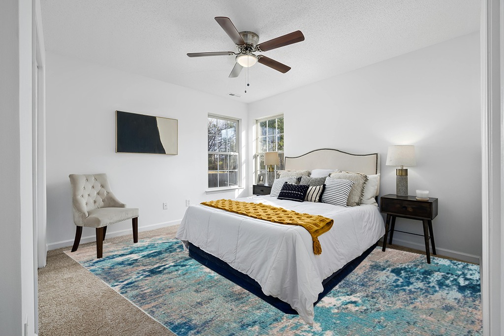 Grey room rug ideas in White and Yellow Modern Bedroom