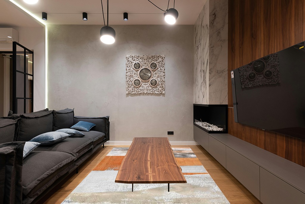 Eroyat Abstract Slim Area Rug,6x9 Feet Non-Slip Living Room Bedroom Rug,Indoor Entryway Kitchen Rug,Rug for Office,Non-Shedding Soft Low Pile Floor Decor,Gray-Orange in Dark Wood Living Room with Black Couch