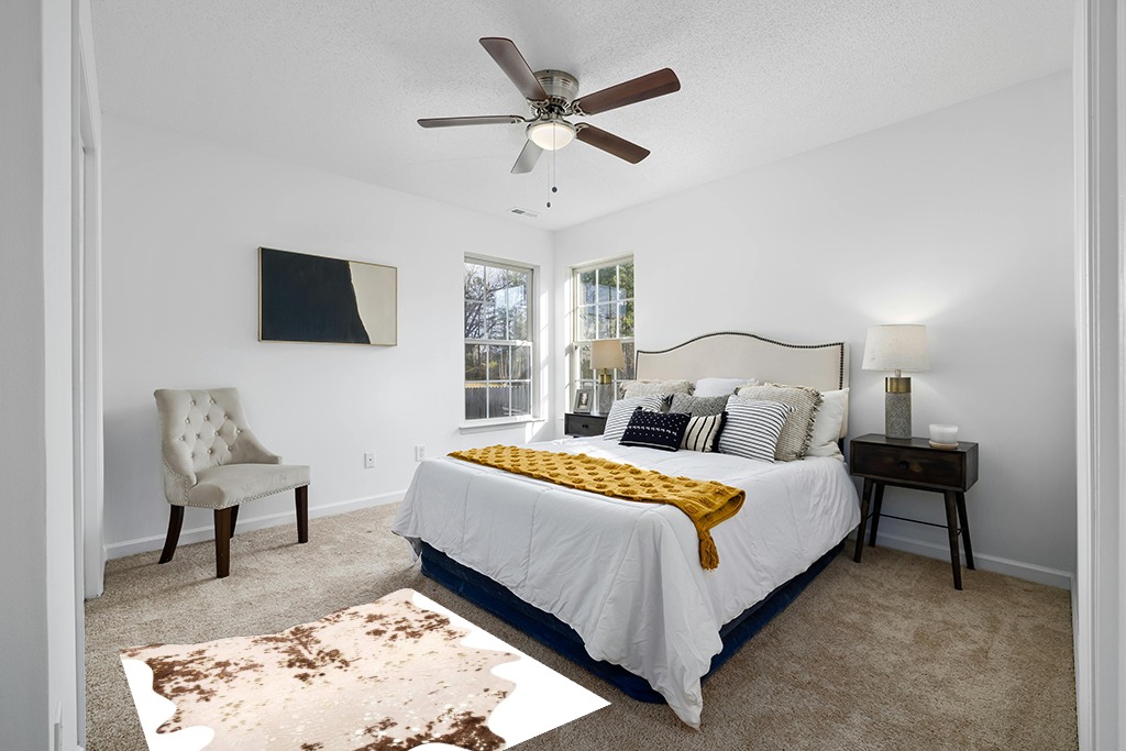 Cowhide rug in bedroom ideas in White and Yellow Modern Bedroom