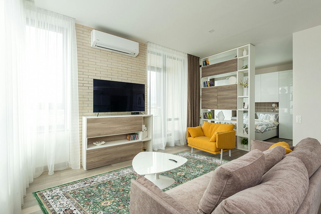 Green rug living room ideas in Light Modern Living Room with TV