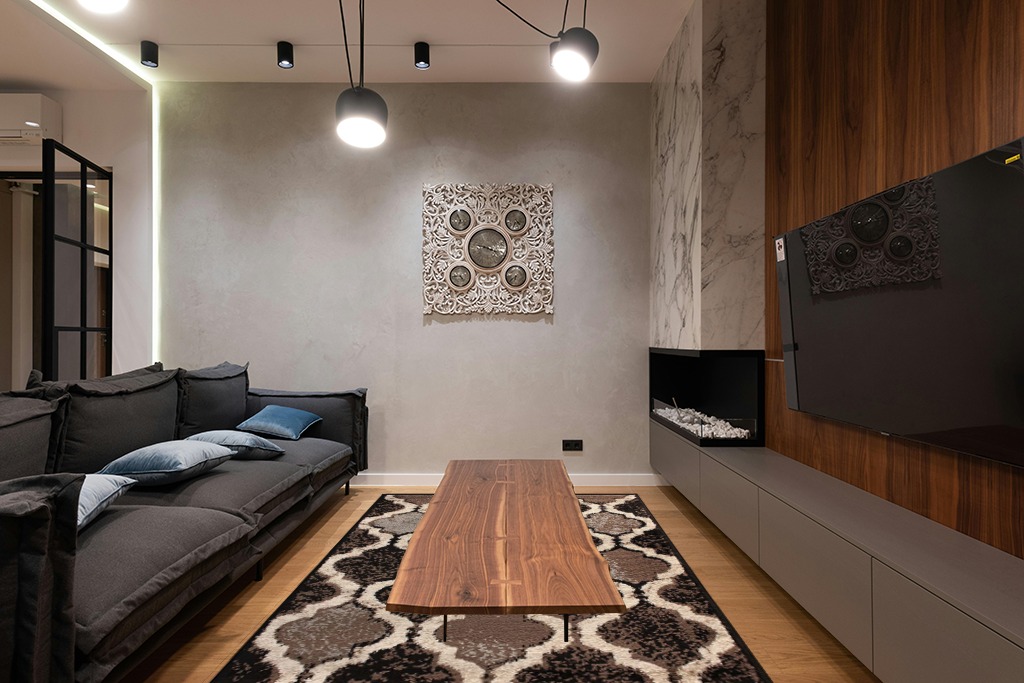 ‎A Chocolate ‎Modern ‎Stain Resistant ‎Area Rug in Dark Wood Living Room with Black Couch