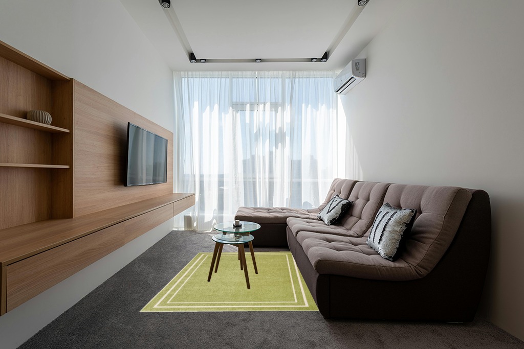 Green rug ideas in Grey Living Room with Brown Couch